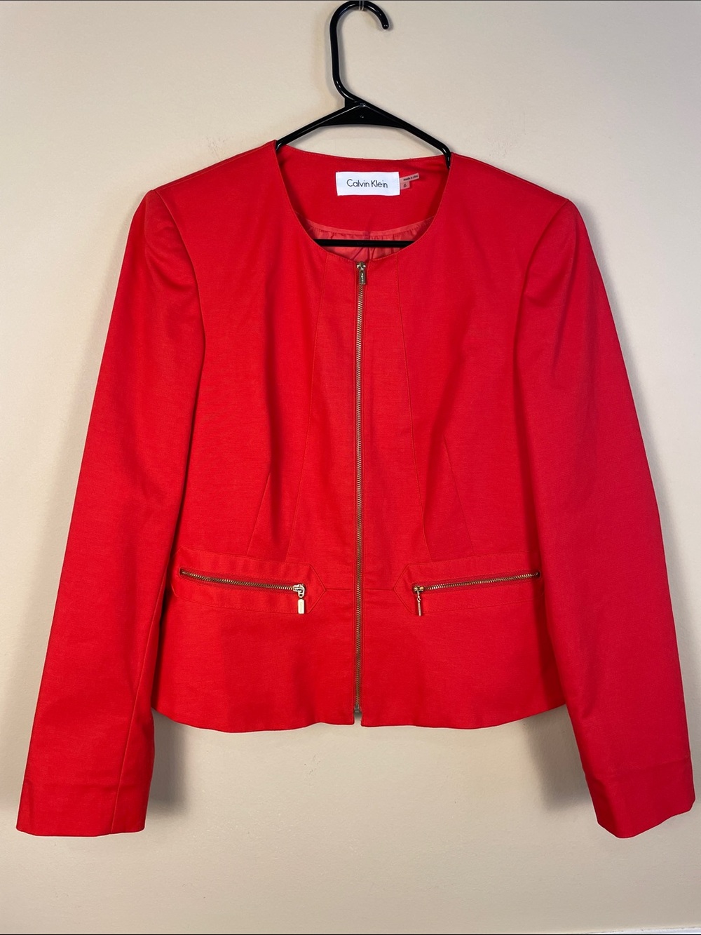 Calvin Klein Women's Bright Red Zip-Up Office Career Chic Work Blazer Jacket